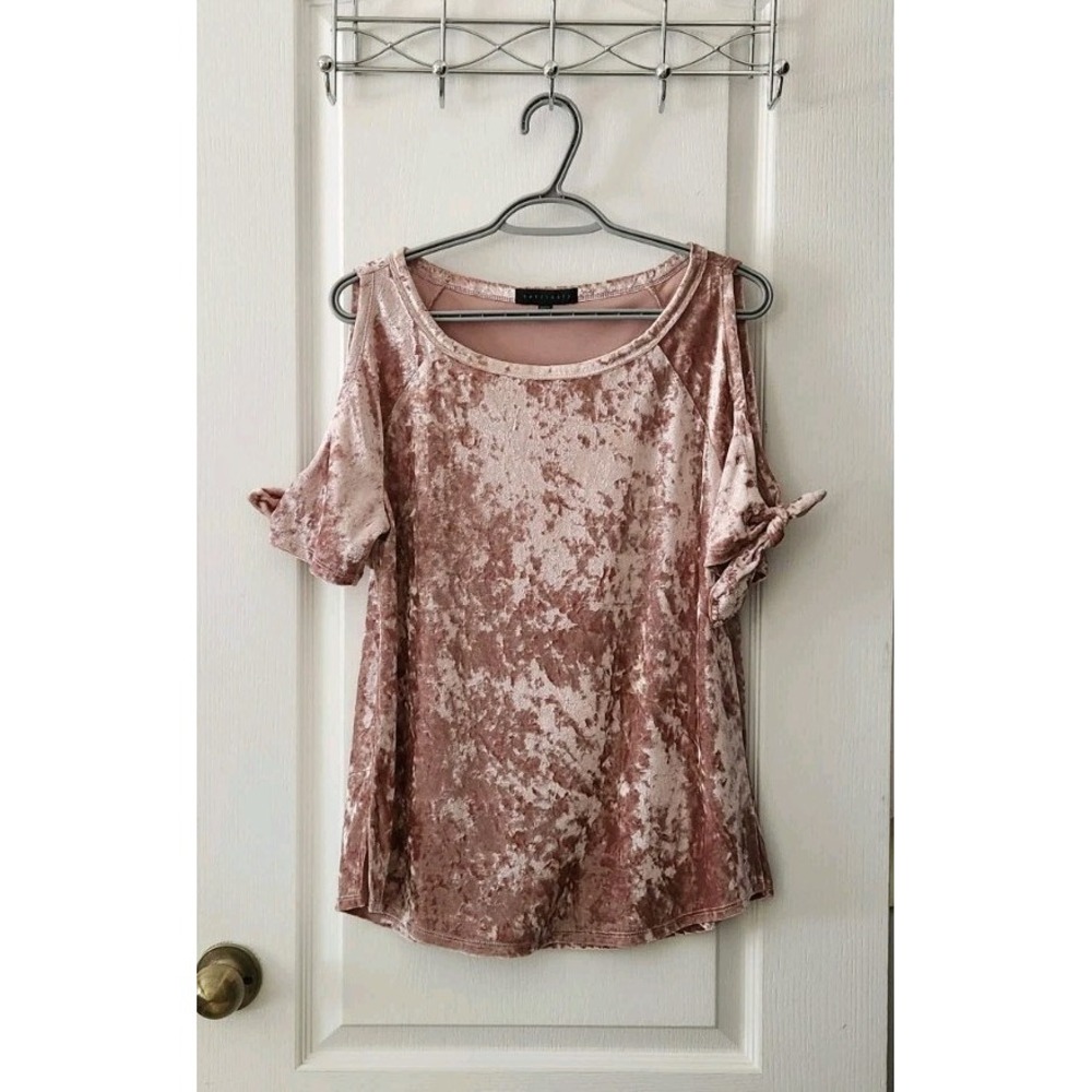Sanctuary Womens Pink Cream Cold Shoulder Velvet Top Short Sleeve Tie Detail M‎